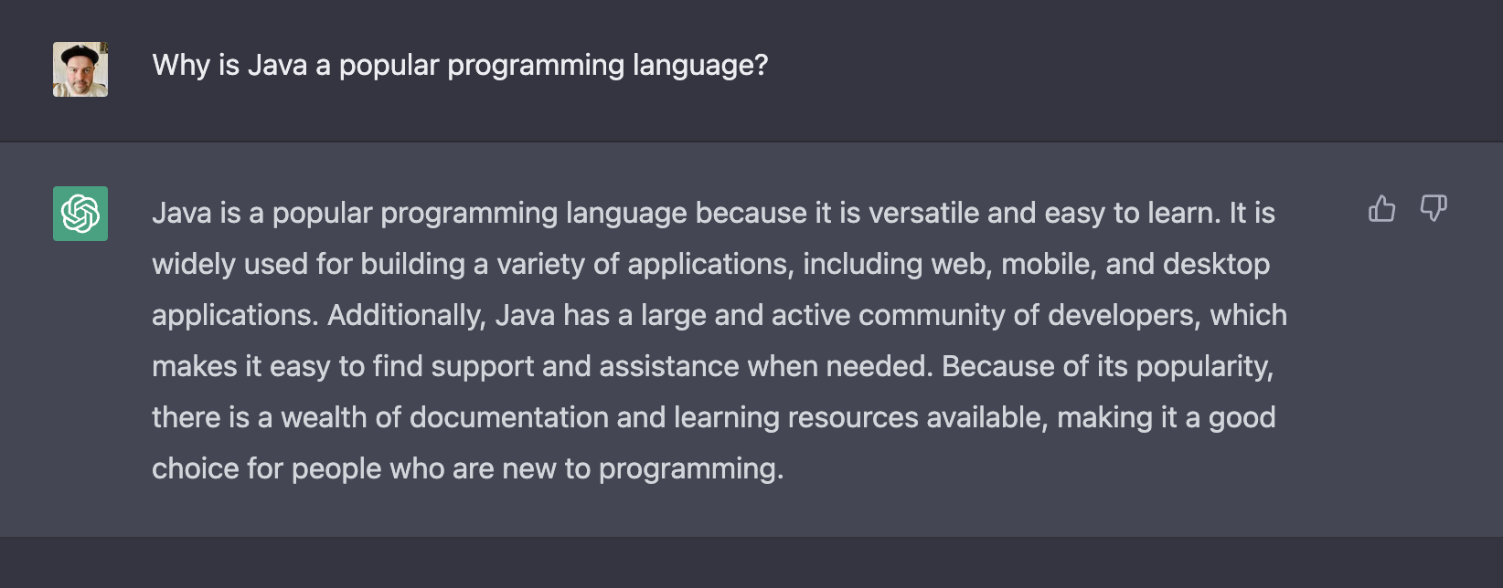 Java is a popular programming language because it is versatile and easy to learn. It is widely used for building a variety of applications, including web, mobile, and desktop applications. Additionally, Java has a large and active community of developers, which makes it easy to find support and assistance when needed. Because of its popularity, there is a wealth of documentation and learning resources available, making it a good choice for people who are new to programming.